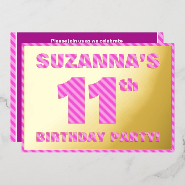 11th Birthday Party — Bold, Fun, Pink Stripes # 11 (Front/Back)