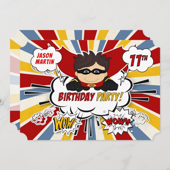 11th Birthday Party Boys Superhero Red Comic Invitation (Front/Back)