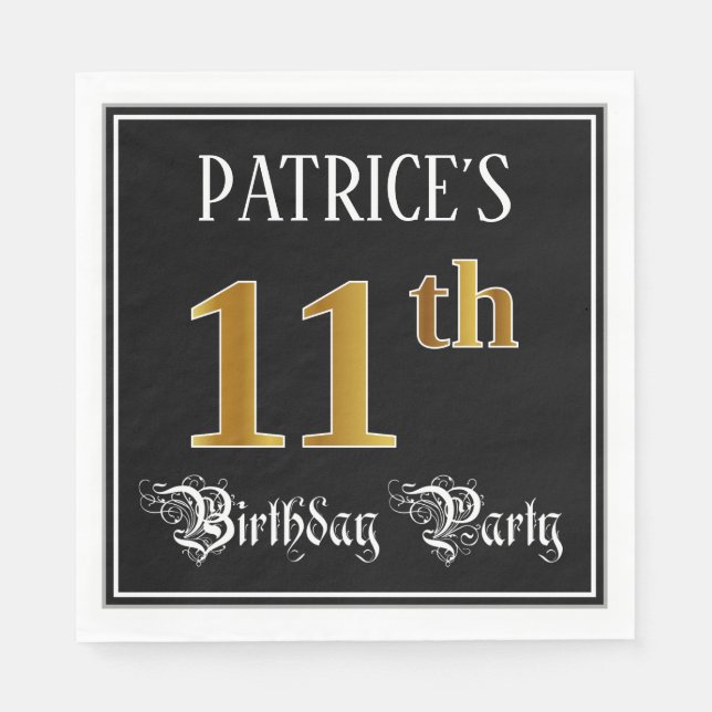 11th Birthday Party — Fancy Script, Faux Gold Look Napkin (Front)