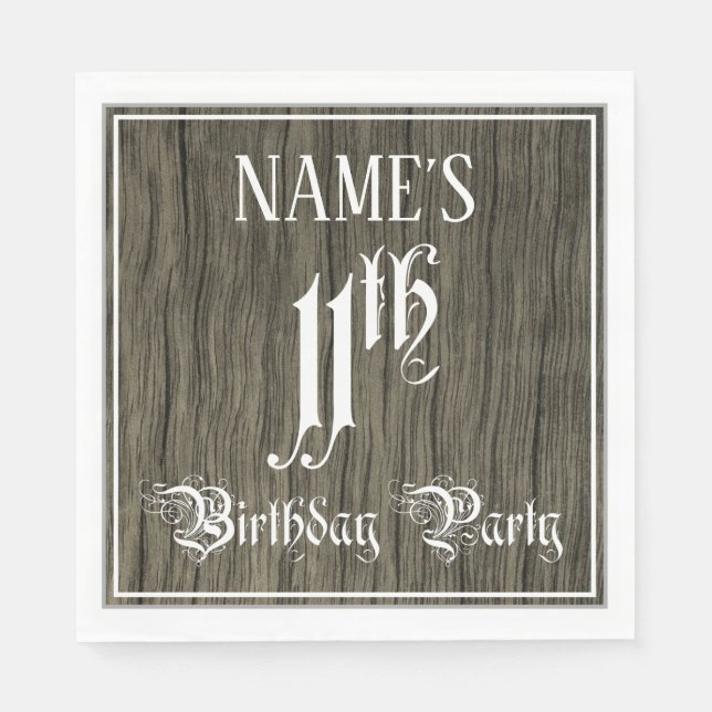 11th Birthday Party — Fancy Script, Faux Wood Look Napkin (Front)