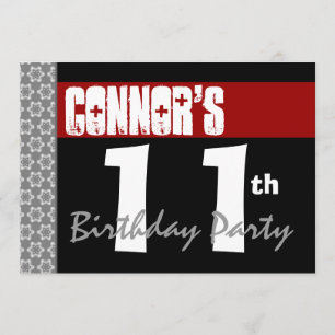 11th Birthday Party Modern Red Black and White Invitation