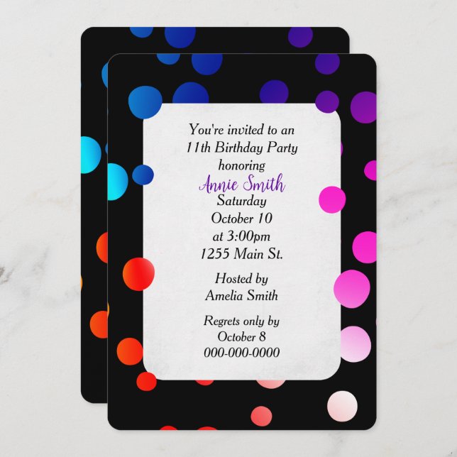 11th Birthday Party Rainbow Dots  Invitation (Front/Back)