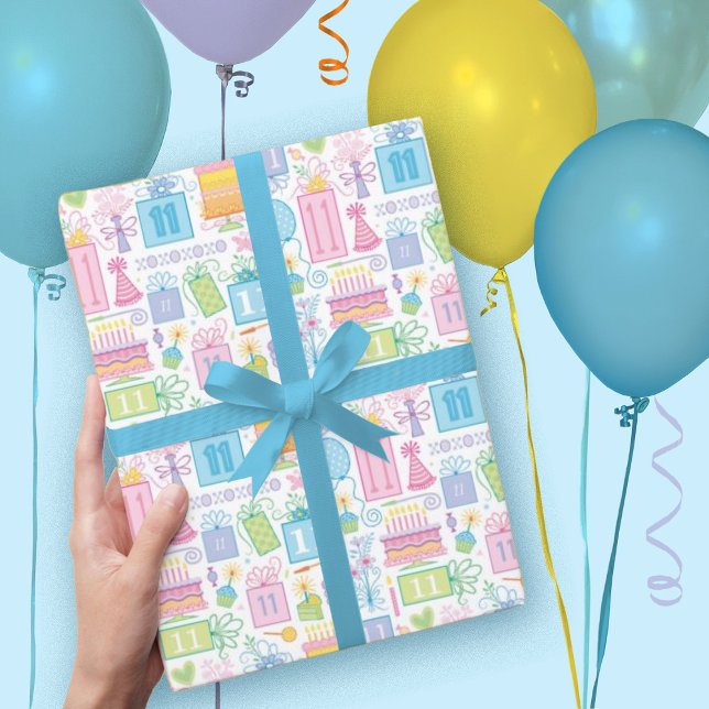 11th Birthday Pastel Pink Cake Presents Balloons  Wrapping Paper Sheet (Creator Uploaded)