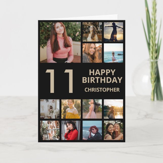 11th Birthday Photo Collage 13 Photos Black & Gold Card (Front)