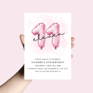 11th Birthday Pink Balloon Invitation