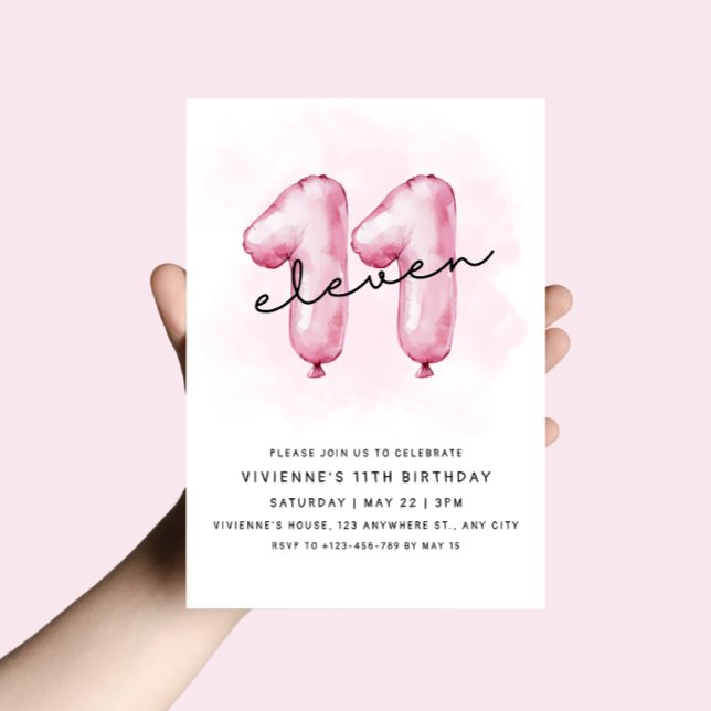 11th Birthday Pink Balloon Invitation (Creator Uploaded)