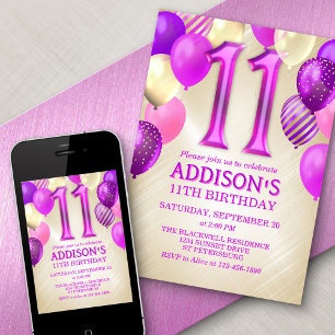 11th Birthday Pink Balloons Invitation