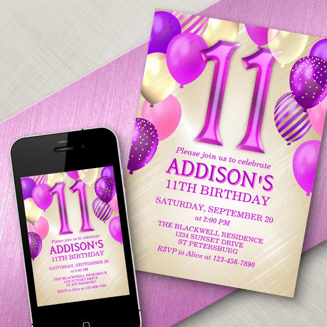 11th Birthday Pink Balloons Invitation (Creator Uploaded)