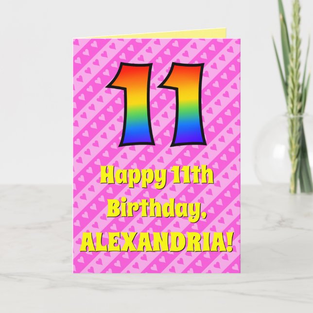 11th Birthday: Pink Stripes & Hearts, Rainbow # 11 Card (Front)