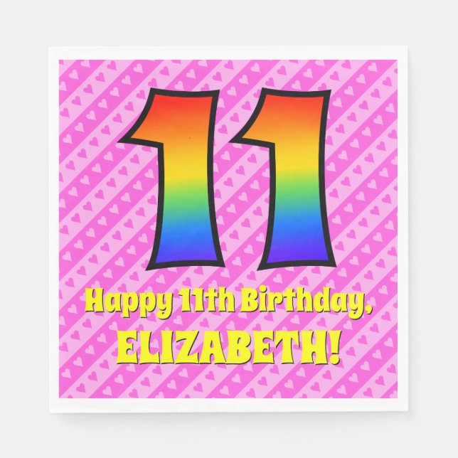 11th Birthday: Pink Stripes & Hearts, Rainbow # 11 Napkin (Front)