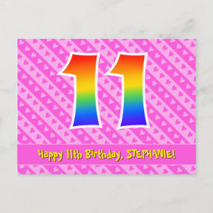 11th Birthday: Pink Stripes & Hearts, Rainbow 11 Postcard