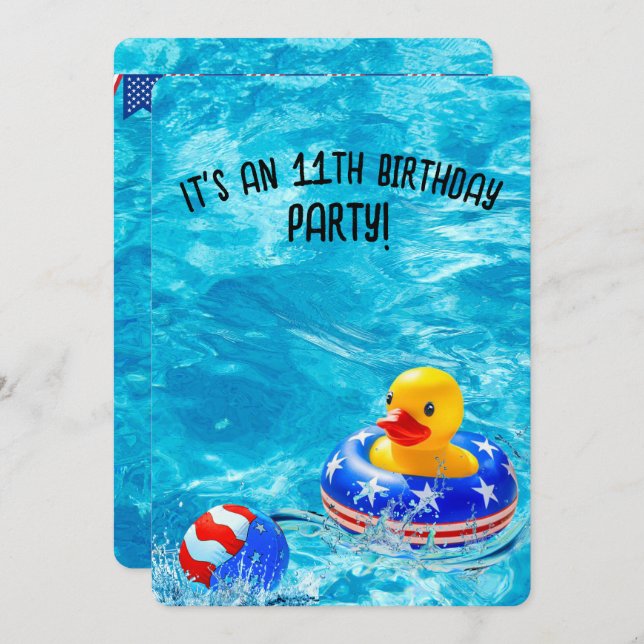 11th Birthday Pool Party With Yellow Duck Invitation (Front/Back)