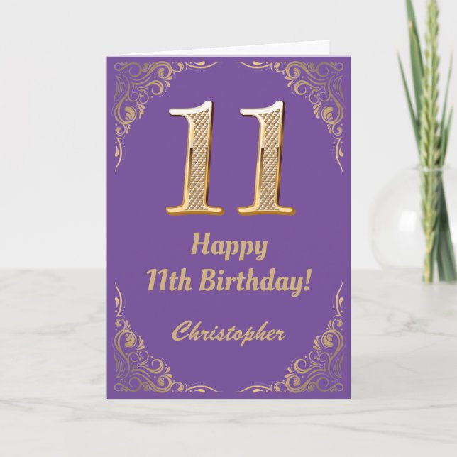 11th Birthday Purple and Gold Glitter Frame Card (Front)
