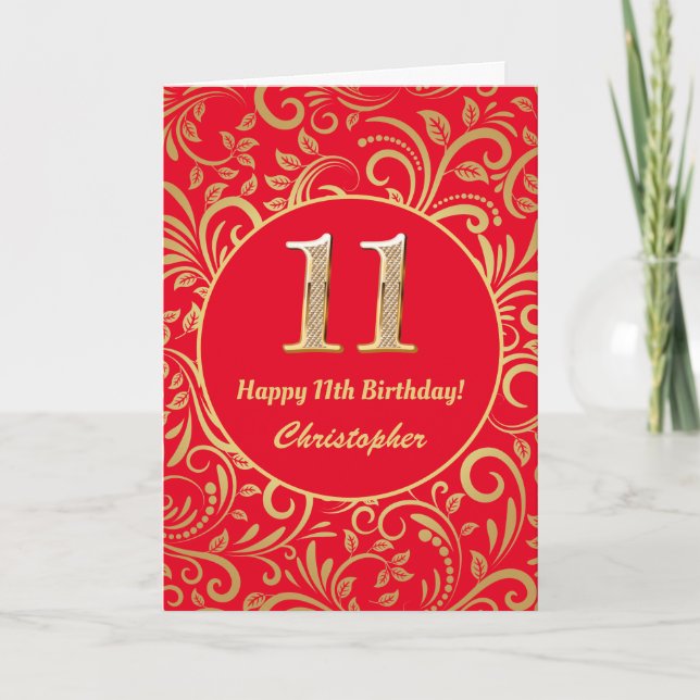11th Birthday Red and Gold Floral Pattern Card (Front)