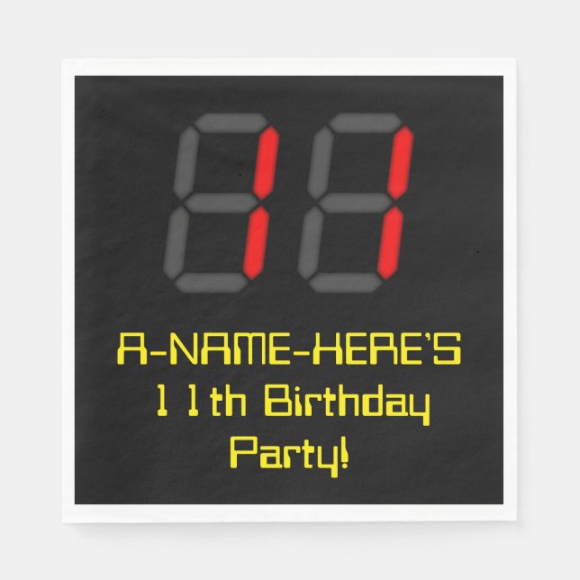 11th Birthday: Red Digital Clock Style "11" + Name Napkin (Front)