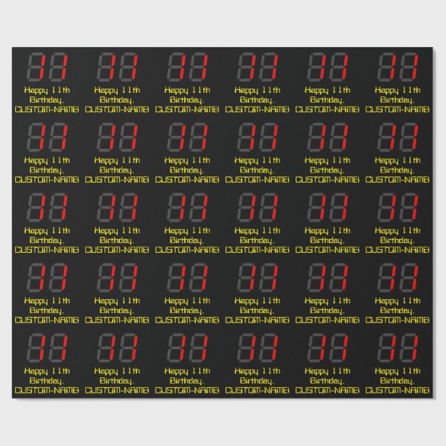 11th Birthday: Red Digital Clock Style "11" + Name Wrapping Paper (Flat)