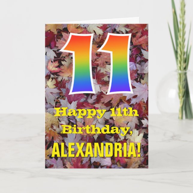 11th Birthday; Rustic Autumn Leaves; Rainbow "11" Card (Front)
