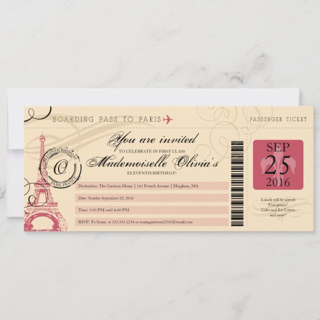11th Birthday Vintage Boarding Pass toParis France Invitation (Front)