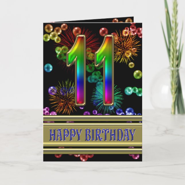 11th Birthday with rainbow bubbles and fireworks Card (Front)