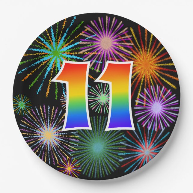 11th Event - Fun, Colourful, Bold, Rainbow 11 Paper Plate (Front)