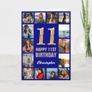 11th Happy Birthday Navy Blue & Gold Photo Collage Card