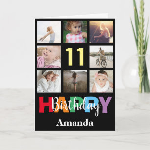 11th Happy Birthday Photo Collage Modern Black Card
