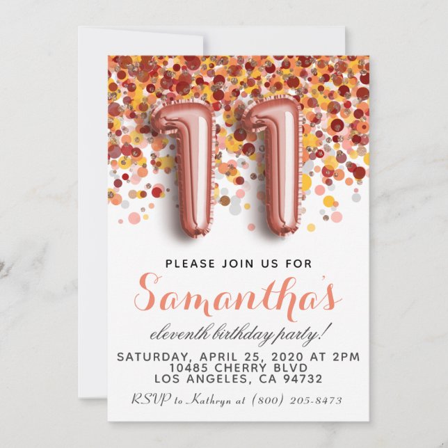 11th Rose Gold Birthday Invitation (Front)