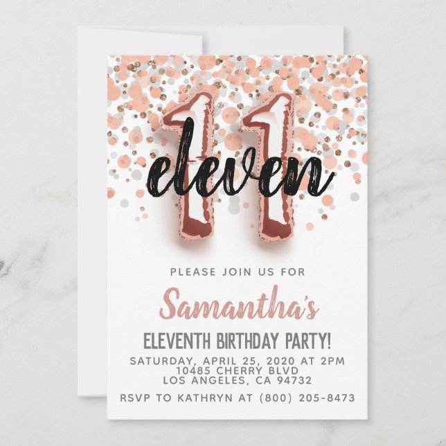 11th Rose Gold Birthday Invitation (Front)
