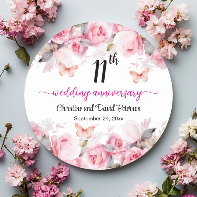 11th Wedding Anniversary Blush Roses Classic Round Sticker (Creator Uploaded)