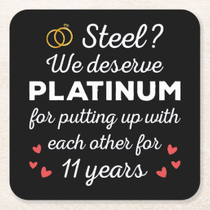 11th Wedding Anniversary I - Steel Funny Couple Square Paper Coaster