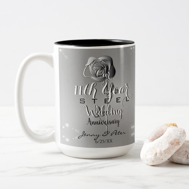 11th Wedding Anniversary Steel Rose Two-Tone Coffee Mug (With Donut)