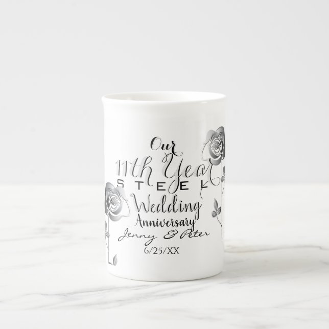 11th Wedding Anniversary Steel Roses Bone China Mug (Front)