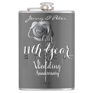 11th Wedding Anniversary w Steel Rose Hip Flask