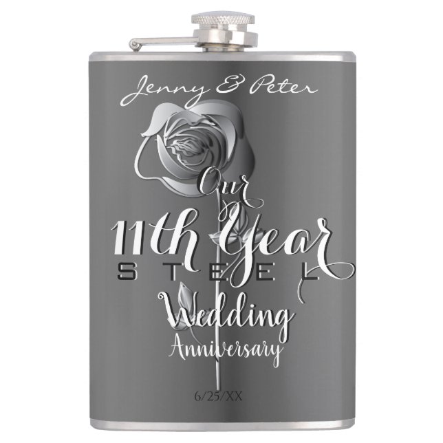 11th Wedding Anniversary w Steel Rose Hip Flask (Front)