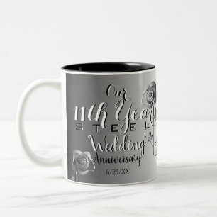 11th Wedding Anniversary with Steel Roses Two-Tone Coffee Mug