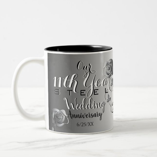 11th Wedding Anniversary with Steel Roses Two-Tone Coffee Mug (Left)