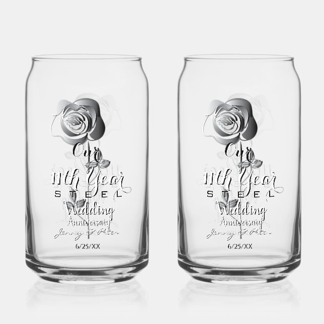 11th Year Wedding Anniversary Steel Rose Can Glass (Front)