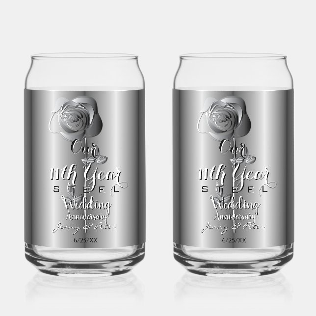 11th Year Wedding Anniversary Steel Rose Can Glass (Front)