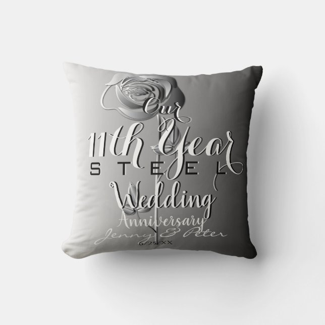11th Year Wedding Anniversary Steel Rose Cushion (Front)