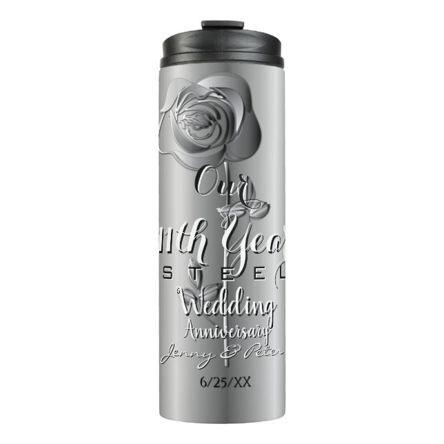11th Year Wedding Anniversary Steel Rose Thermal Tumbler (Front)