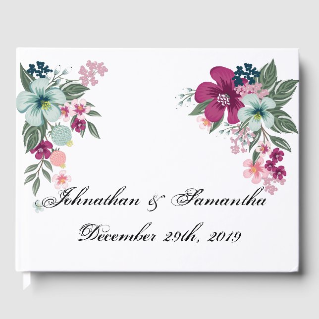 122 Page Wedding Guestbook Tropical Flowers on Whi (Front)