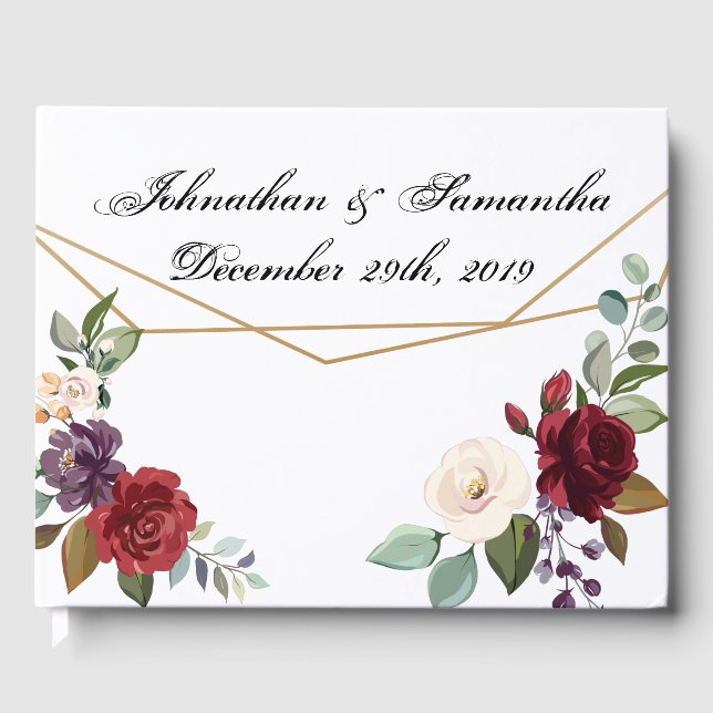 122 Page Wedding Guestbook White Roses Gold Geomet (Front)