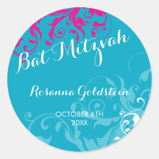128-marnie BAT MITZVAH flourish turquoise pink Classic Round Sticker