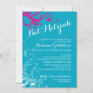 128-marnie BAT MITZVAH flourish turquoise pink Invitation
