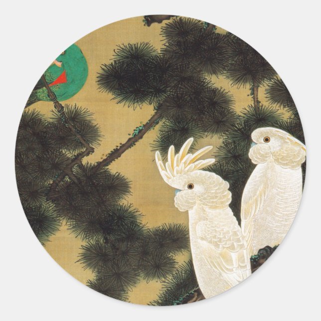 12. 老松鸚鵡図, 若冲 Pine-tree & Parrot, Jakuchū Classic Round Sticker (Front)