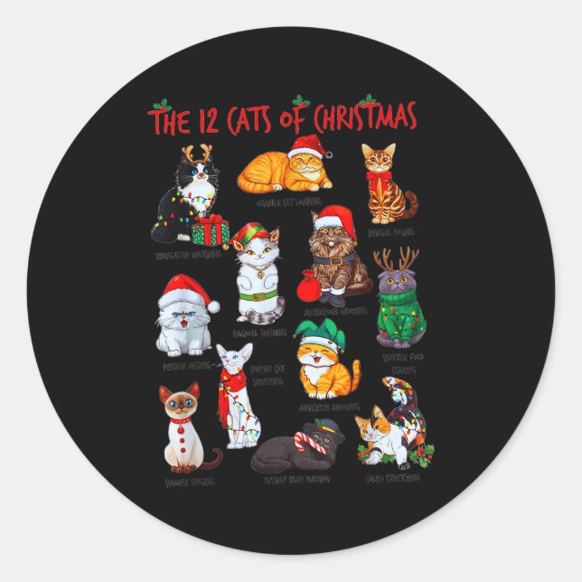 12 Cats Of Christmas Funny Holiday Xmas Cat Lover  Classic Round Sticker (Front)