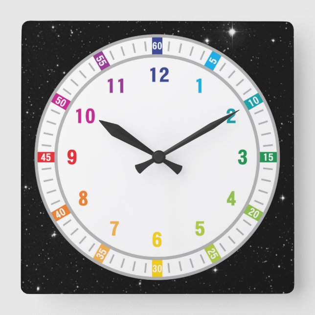 12 Colour Rainbow w/Stars Square Wall Clock (Front)