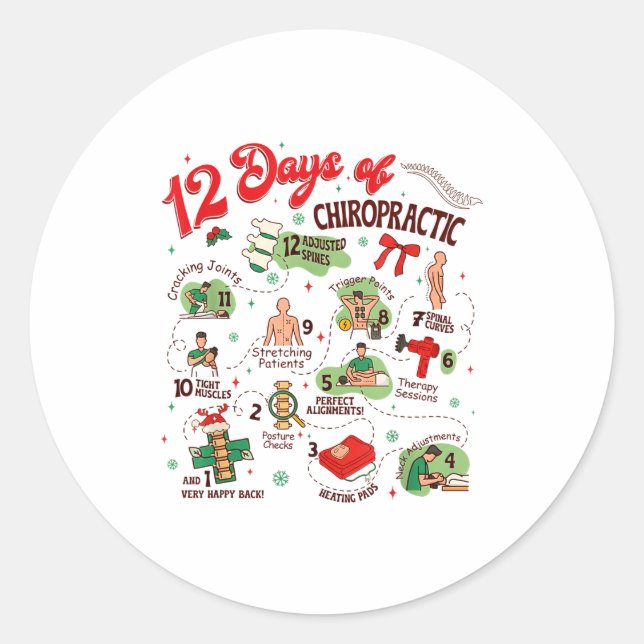 12 Days Of Chiropractic Christmas Chiropractor  Classic Round Sticker (Front)