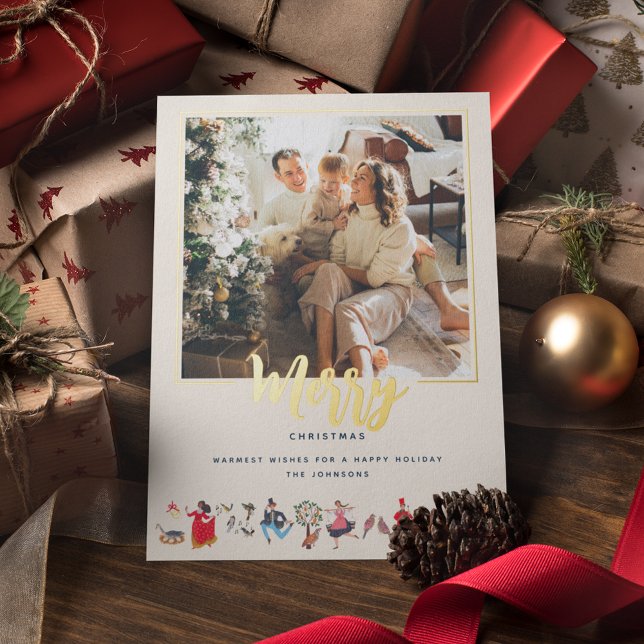 12 Days of Christmas ecru Photo Foil Holiday Card (Beautiful gold foil 12 days of Christmas Holiday Photo greeting card.)