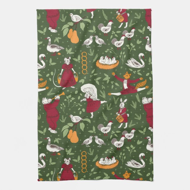 12 Days of Christmas Folk Art Animal Tea Towel (Vertical)